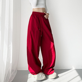 肌理感弯刀运动裤 工装 女2025秋季 大码 新款 胖mm显瘦美式 红色阔腿裤