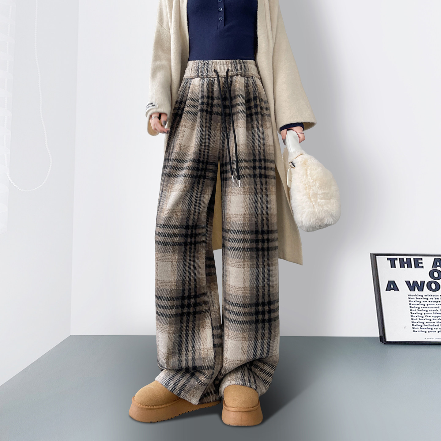 冬季氛围感格子毛呢高腰休闲裤女大码胖mm直筒宽松显瘦复古阔腿裤,女装/女士精品,大码裤装,淘宝优惠券,粉丝福利购,淘宝优惠卷