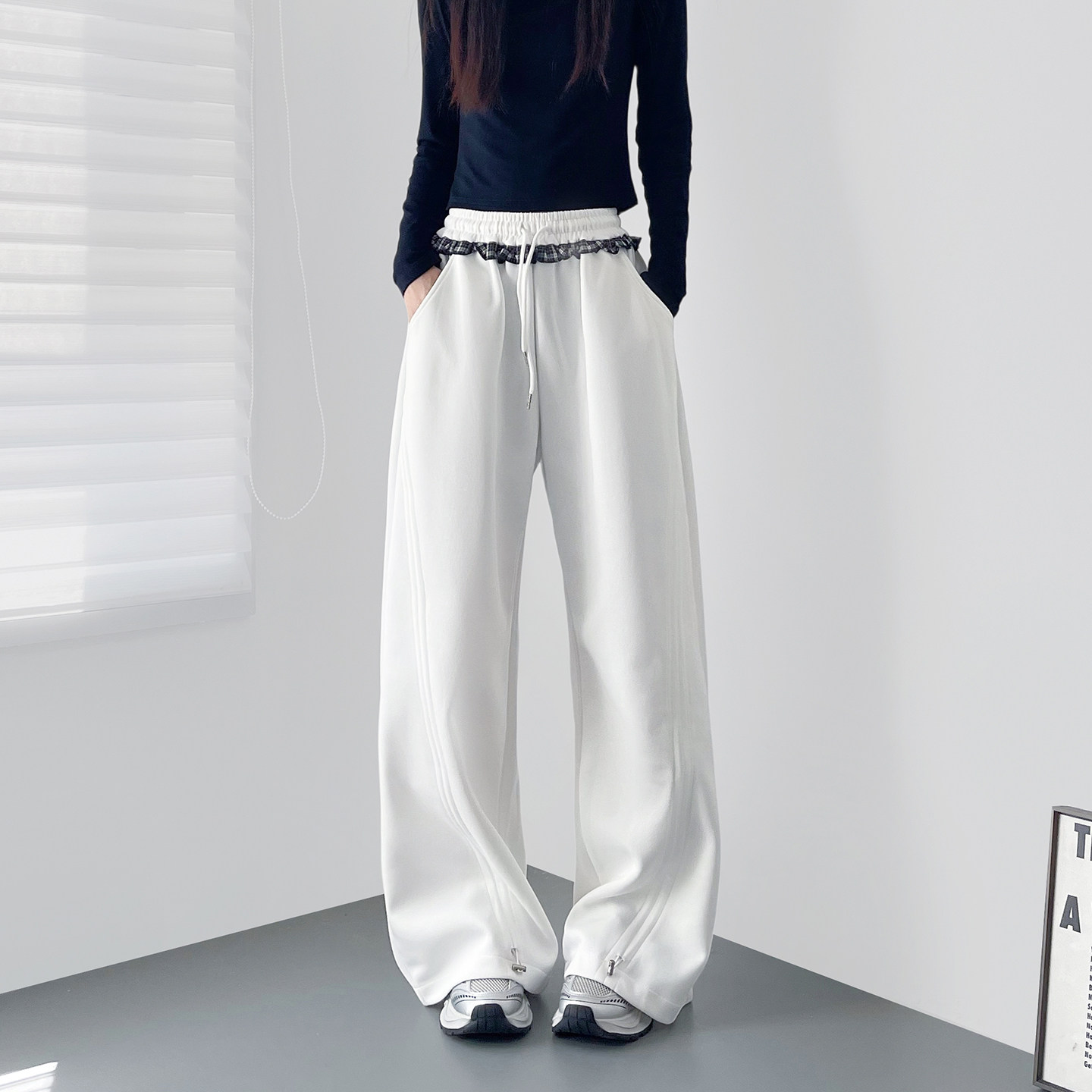 大码白色拼接格子木耳边阔腿裤女春季新款胖mm显瘦宽松弯刀奶芙裤,女装/女士精品,大码裤装,淘宝优惠券,粉丝福利购,淘宝优惠卷