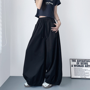 大码大裤腿酷飒黑色运动裤2026春季新款胖mm宽松显瘦束脚休闲裤子