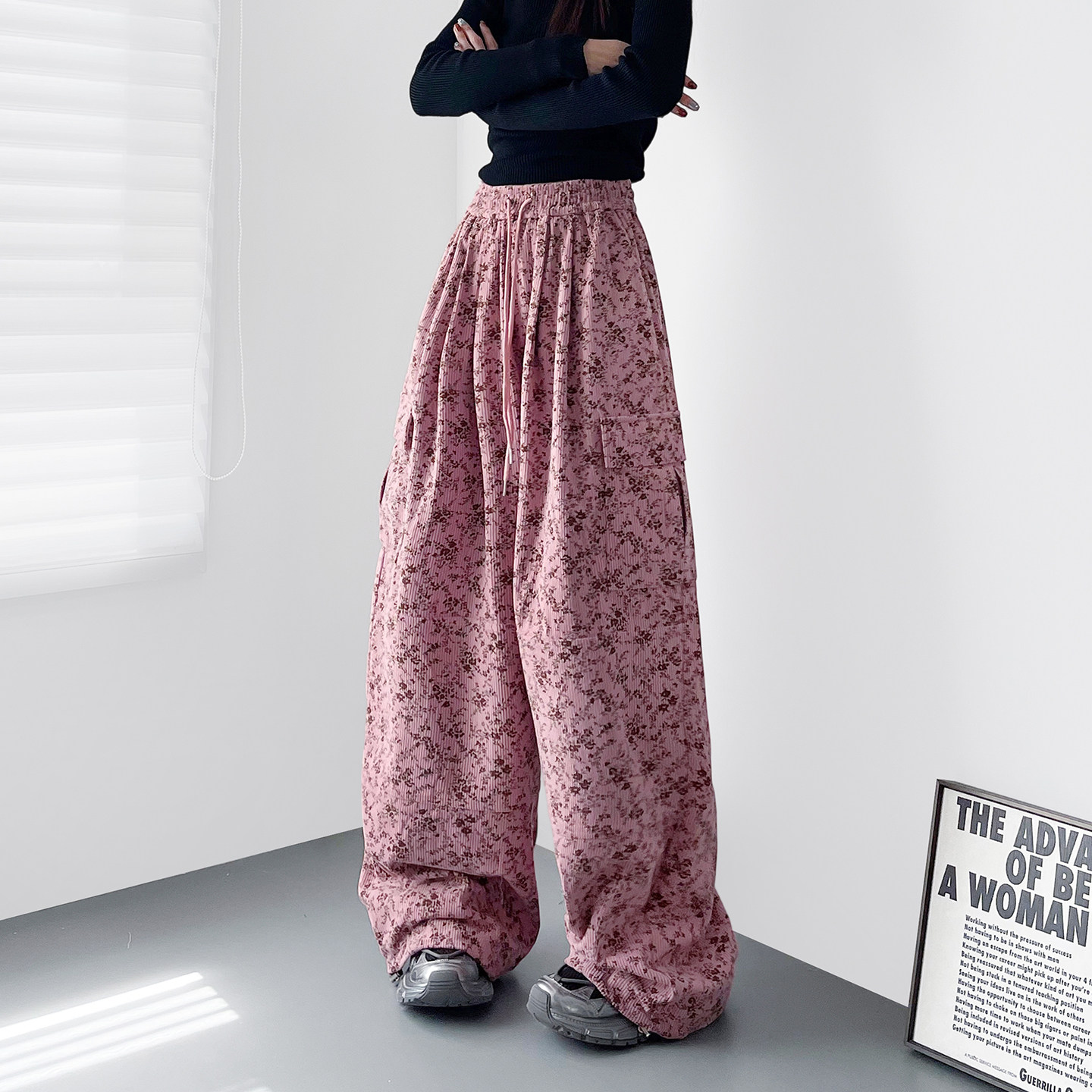 大码粉色高腰碎花工装裤女2026春季新款胖mm显瘦慵懒风休闲阔腿裤,女装/女士精品,大码裤装,淘宝优惠券,粉丝福利购,淘宝优惠卷