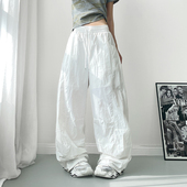白色不透冰丝微褶速干裤 子 胖mm酷飒街头跳舞运动阔腿裤 女夏季 大码