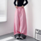 高腰拼接格子休闲拖地裤 阔腿裤 女早秋新款 胖mm显瘦200斤宽松大码