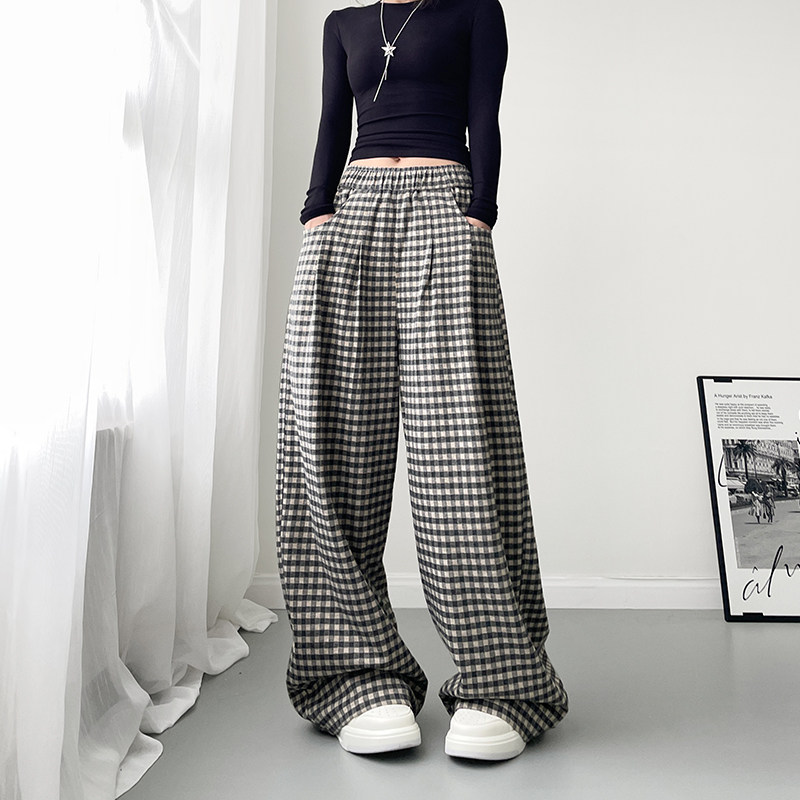 高腰格子休闲阔腿裤女秋季胖mm微胖显瘦遮肉垂感松弛感软糯拖地裤,女装/女士精品,大码裤装,淘宝优惠券,粉丝福利购,淘宝优惠卷