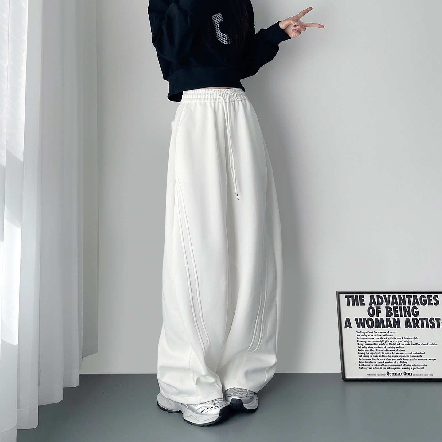 白色奶芙运动大码卫裤女春色新款胖mm显瘦宽松慵懒风阔腿弯刀裤子,女装/女士精品,大码裤装,淘宝优惠券,粉丝福利购,淘宝优惠卷