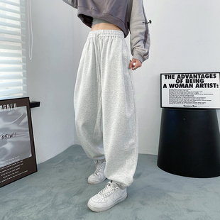 浅灰色美式运动裤女早秋大码宽松显瘦休闲胖mm直筒阔腿裤