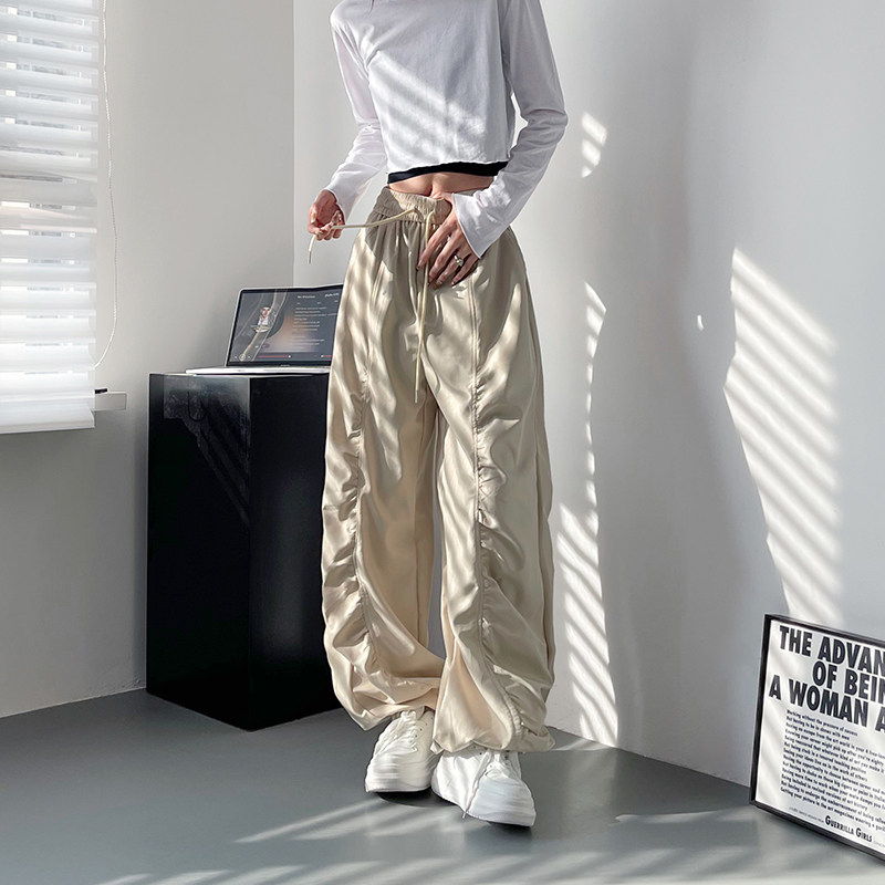 阔腿休闲裤女秋季大码胖mm褶皱高腰显瘦工装裤抽绳拖地降落伞兵裤,女装/女士精品,大码裤装,淘宝优惠券,粉丝福利购,淘宝优惠卷