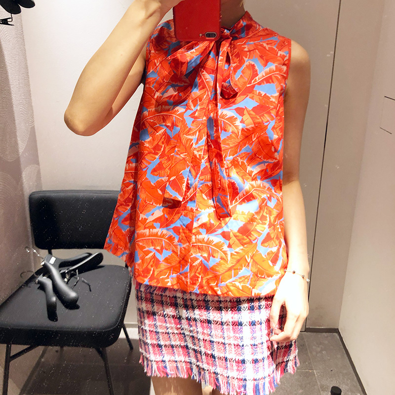 欧洲代购MSGM18秋冬拼接碎花可爱系带蝴蝶结无袖上衣女2441mdt09