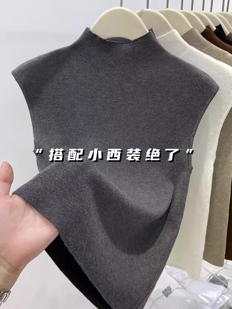 半高领针织无袖背心女春季新款修身显瘦气质西装内搭立领打底上衣