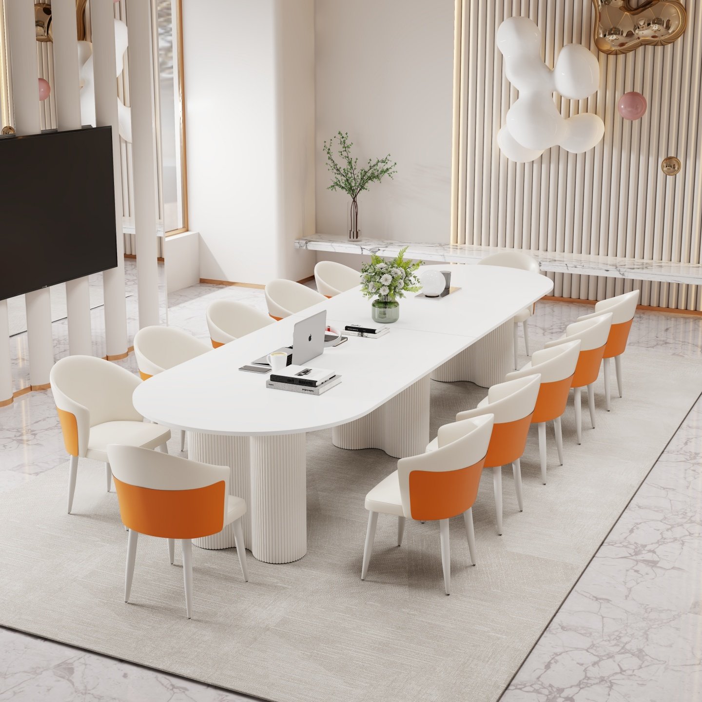 岩佳具奶油风岩板会议桌长桌超大商务会客接待洽谈培训工作台餐桌