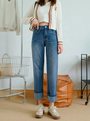 缇勋超柔窄版直筒牛仔裤女高腰宽松显瘦小个子2023秋冬新款烟管裤