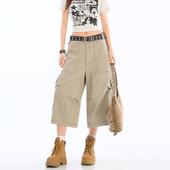 设计感高腰宽松小个子阔腿裤 美式 女2026夏季 牛仔七分裤 卡其色工装