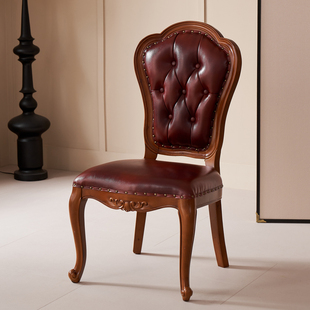 美式餐椅实木轻奢餐桌座椅真皮软包欧式复古简约椅子法式全实木椅