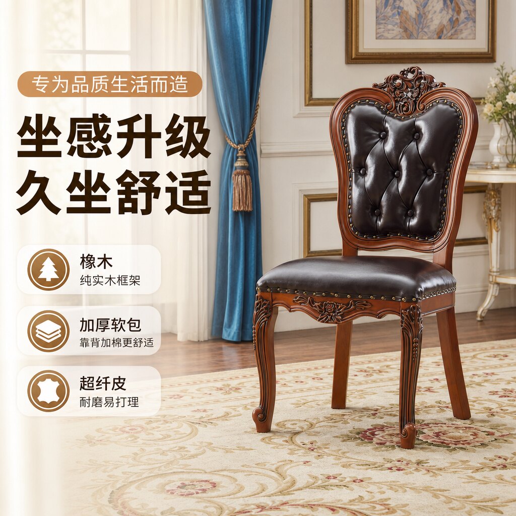 欧式实木椅子橡木框架软包餐椅