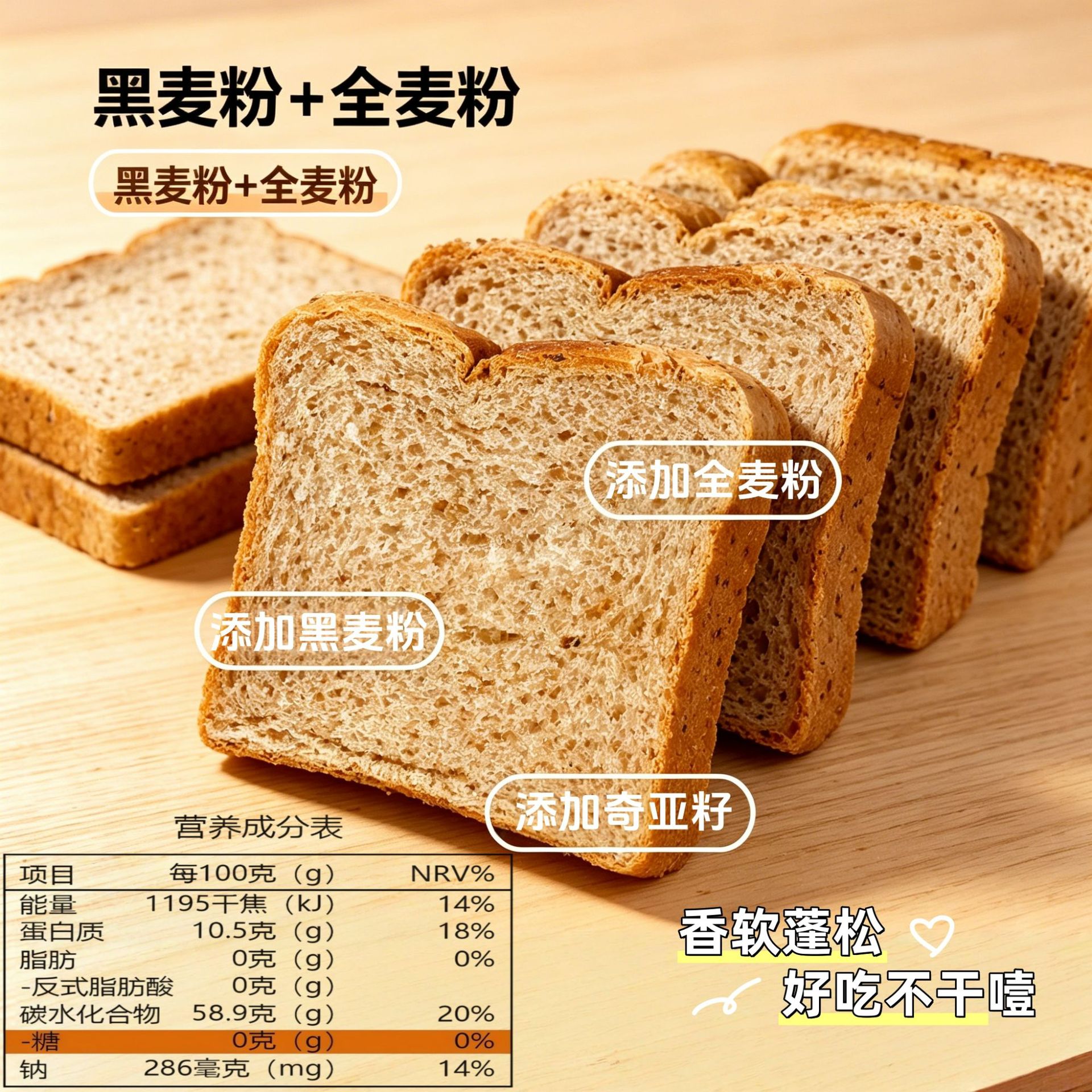 山姆冠名无糖黑麦奇亚籽全麦面包零脂肪粗粮早餐代餐吐司西式糕点