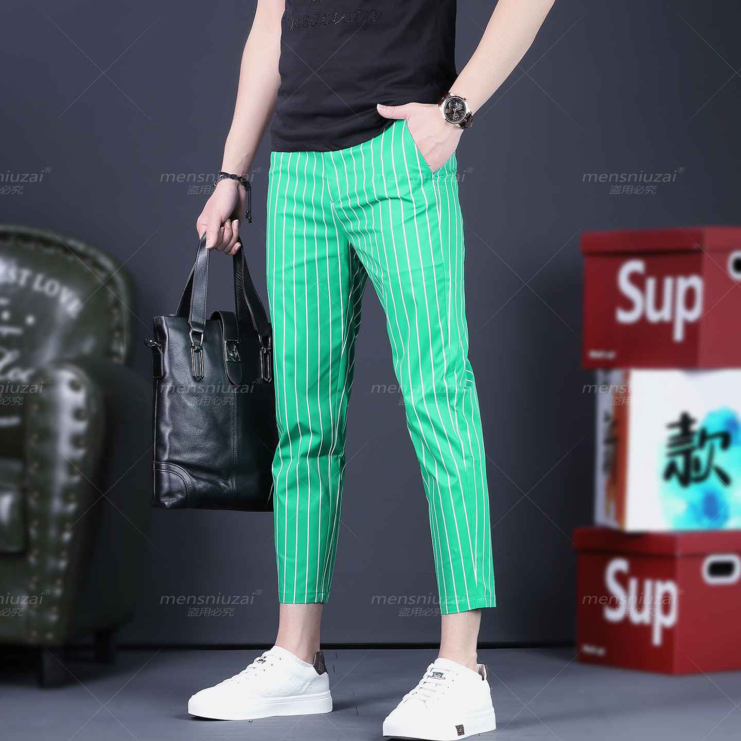 男士休闲裤九分裤绿色条纹男裤薄款夏季潮流商务英伦青年八分西裤