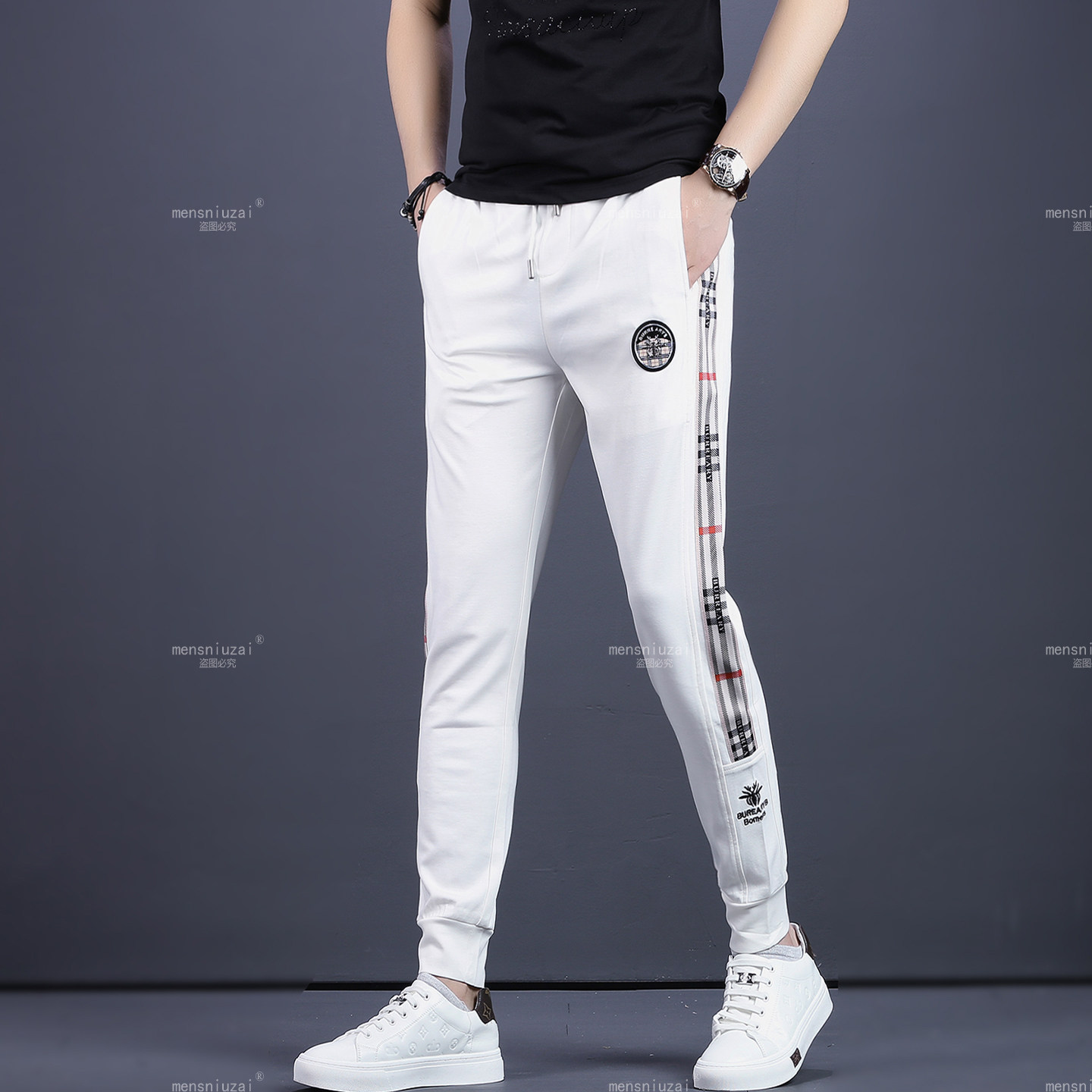春夏男士白色束脚休闲裤修身显瘦百搭运动长裤潮牌系绳撞色男裤