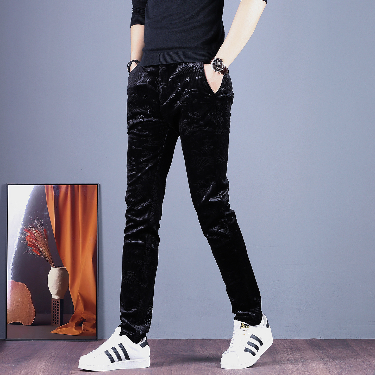 高端秋冬款男士提花休闲裤男西裤韩版百搭修身男装加绒保暖长裤