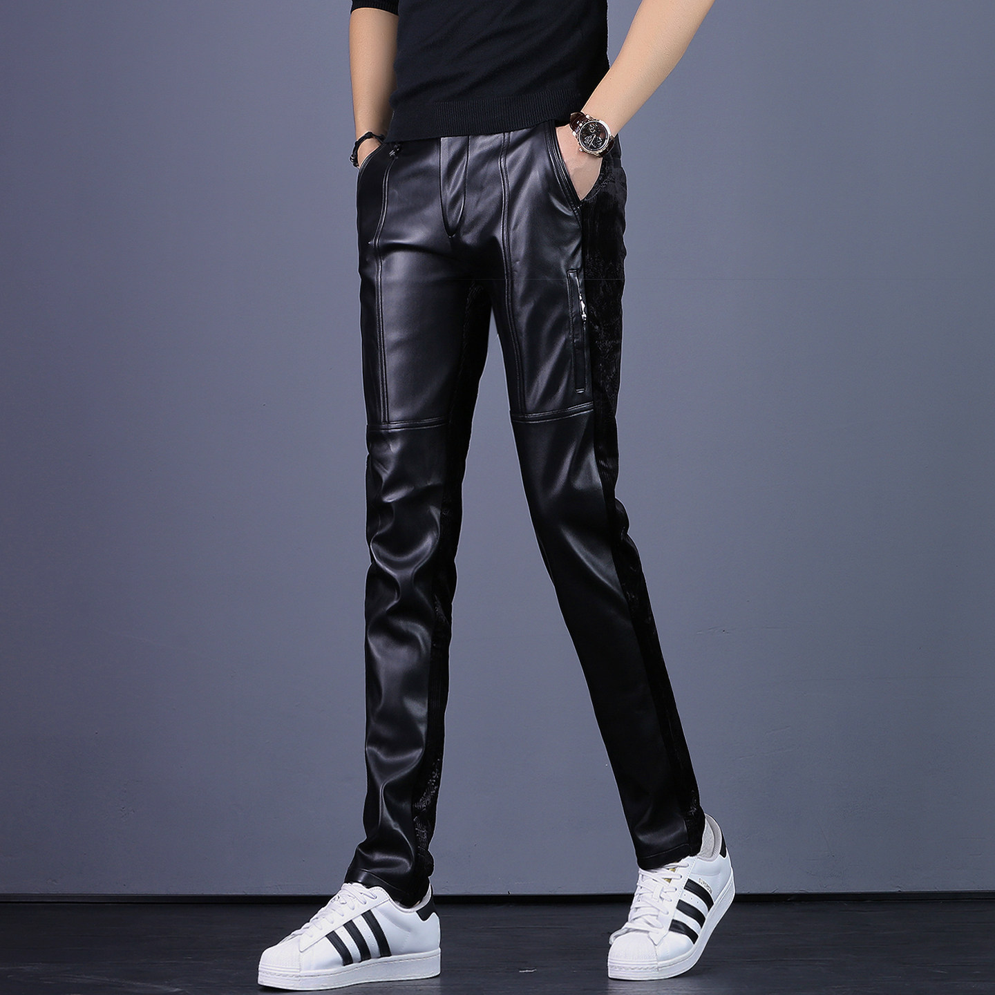 秋冬皮裤男修身潮流骑行机车小脚裤男款弹力男士帅气拼接休闲裤,男装,皮裤,淘宝优惠券,粉丝福利购,淘宝优惠卷