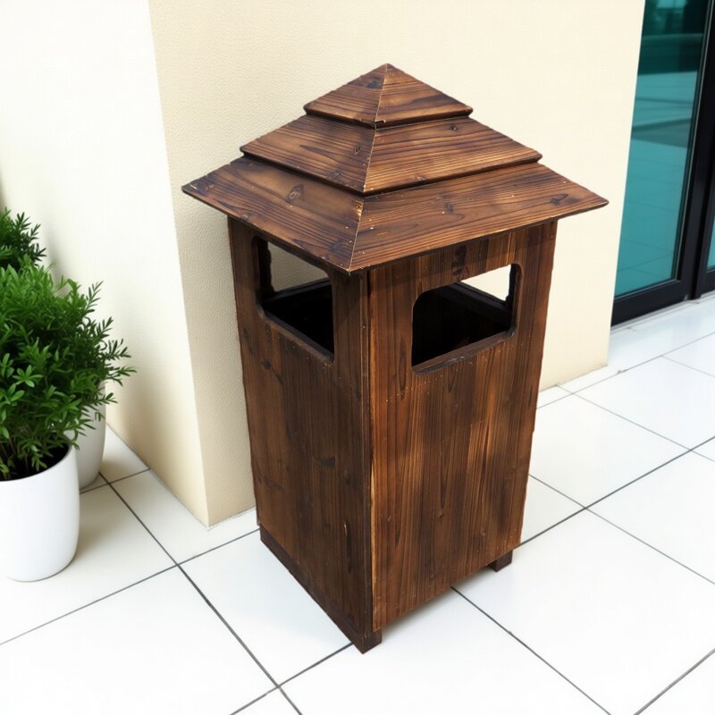 碳化实木防腐复古木质垃圾筒立式户外带盖防雨家用景区公园垃圾桶