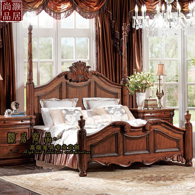 美式实木床公主床婚床别墅雕花卧室高端复古柱子床双人床主卧床