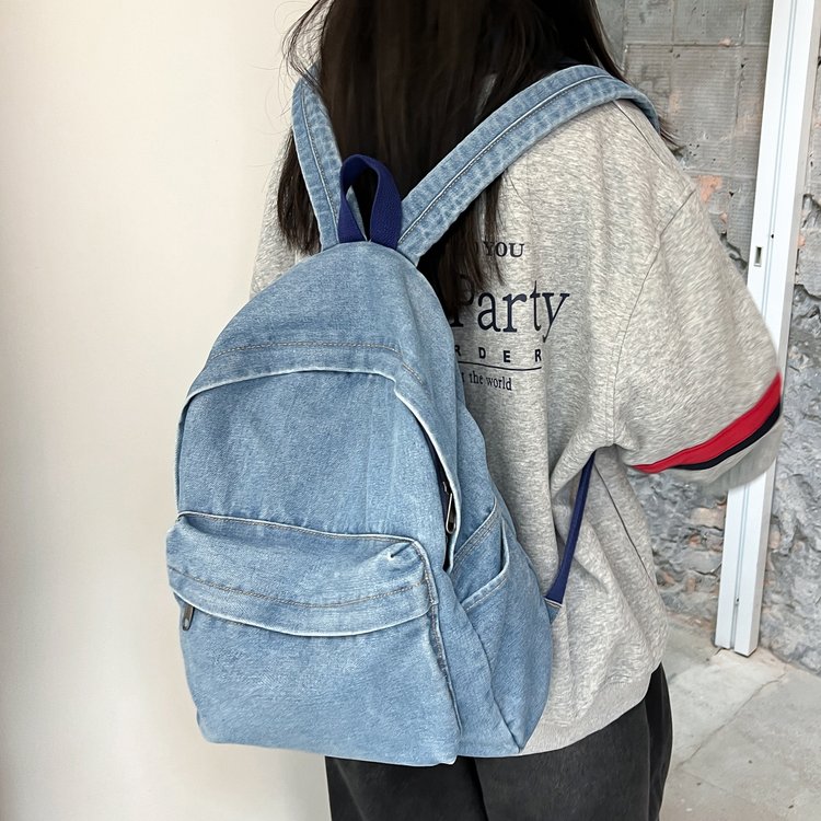 文艺港风牛仔布双肩包学生书包大