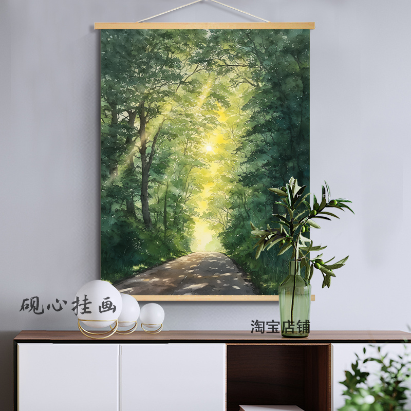 手绘绿色森林小路风景装饰画丁达尔效应客厅玄关大芬村布艺挂画图片