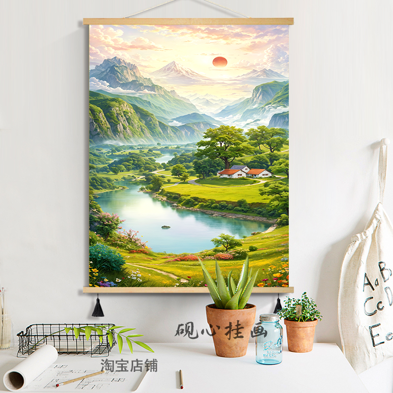 新中式日照金山靠山图山水画客厅玄关墙面装饰画卧室床头布艺挂画图片