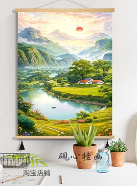 新中式日照金山靠山图山水画客厅玄关墙面装饰画卧室床头布艺挂画