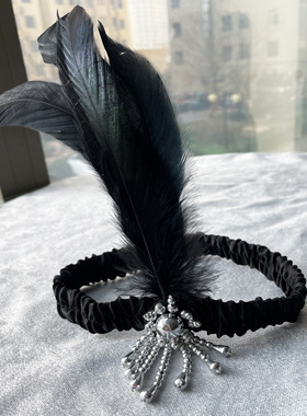 1920s 奥黛丽赫本 flapper girls复古印第安羽毛黑色羽毛珠子头带