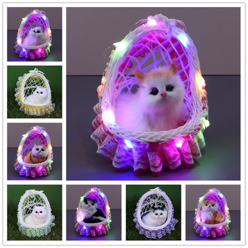 夜光彩边花篮猫咪会叫声控猫叫摆件发光篮子毛绒仿真小猫兔子