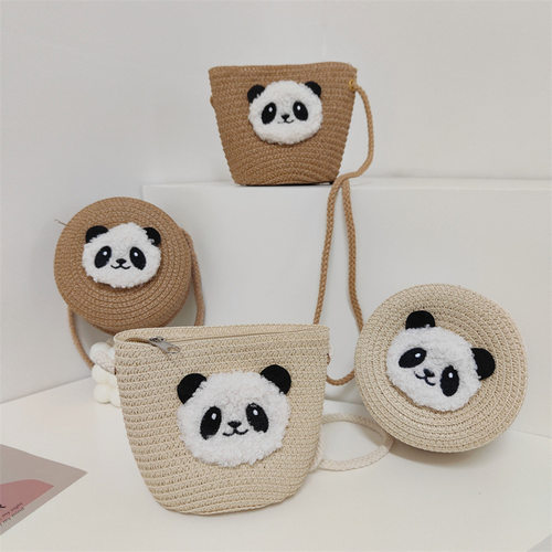 春夏卡通熊猫儿童草编包手工编织圆包可爱斜挎单肩包包零钱收纳包