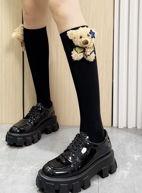 立体小熊袜子大人儿童亲子玩偶袜男女宝春秋中筒袜黑色纯棉小腿袜