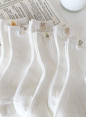 白色布标袜子女中筒袜ins潮棉春秋可爱日系学生百搭少女长袜