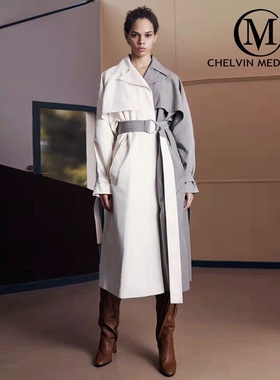 2023新款秋季白色灰色拼接宽松收腰时尚外套流行高端大气长款风衣