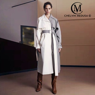 外套流行高端大气长款 白色灰色拼接宽松收腰时尚 风衣 秋季 2023新款