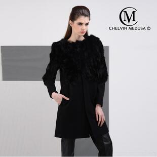 欧洲站高端名媛獭兔毛皮毛一体外套皮草中长款 拼接毛呢大衣 秋冬季