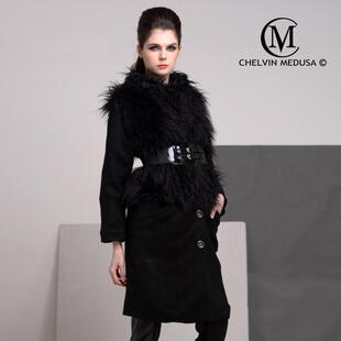 大衣外套收腰带皮草 中长款 欧洲站长毛新款 加厚滩羊毛呢拼接秋冬季