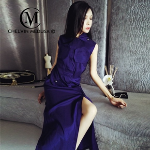 穿插腰带无袖 深紫高叉露腿超长机车衬衫 连衣裙 欧美走秀款 2023新款