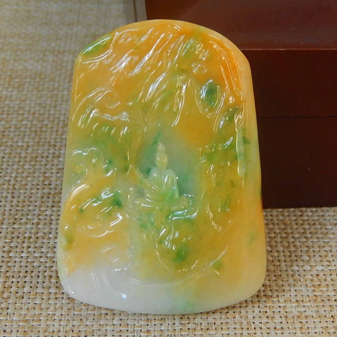 缅甸A货翡翠原石半明料玉石毛料大马坎黄加绿无相佛牌子挂件K7875