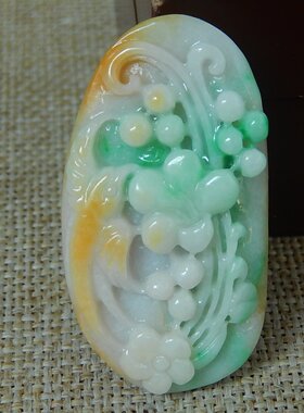 缅甸A货翡翠大马坎黄加绿花鸟