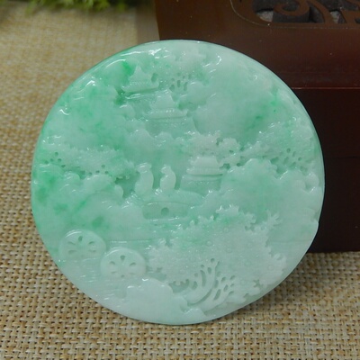 正品缅甸天然A货翡翠飘绿山水牌