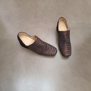 百搭单鞋 25年秋新款 小众原创6cm内增高复古条纹羊皮一脚蹬乐福鞋