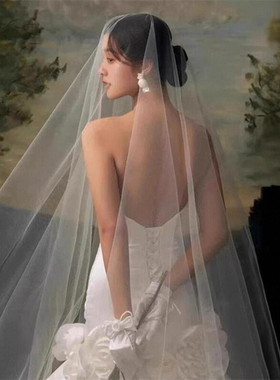 拍照道具裸纱头纱长款软纱白色新娘婚纱照摄影单层轻薄舞蹈素纱
