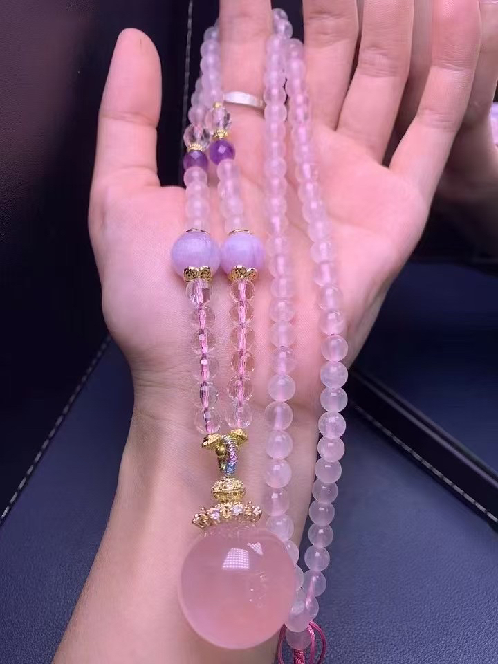 天然冰透星光粉水晶项链毛衣链精致甜美系 24mm配证书