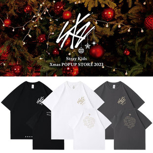 StrayKids Xmas2023PopUpStore周边同款短袖T恤宽松印花上衣纯棉