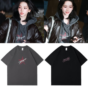aespa2023周边柳智敏同款短袖T恤宽松落肩中袖印花打歌男女上衣服