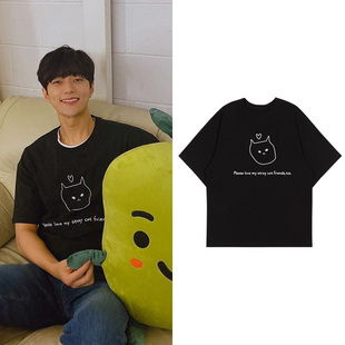 INFINITE金明洙同款短袖T恤纯棉印花宽松落肩袖男女打歌衣服