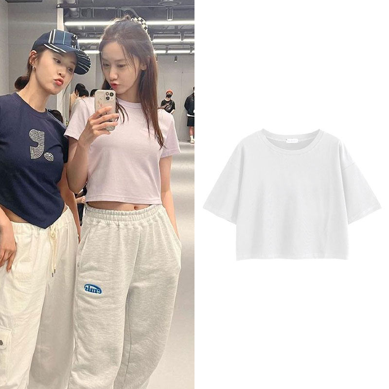 少女时代林允儿跳舞蹈练习室同款衣服宽松超短露脐高腰短袖t恤女