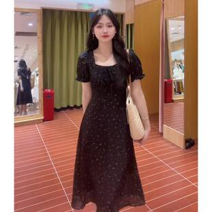 微胖mm遮肚 声雨竹黑色法式 碎花连衣裙女夏季 长裙短袖 方领显瘦大码
